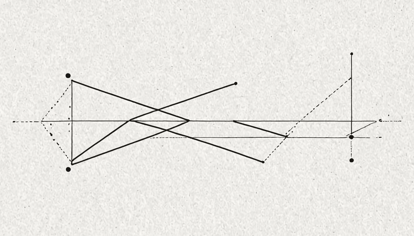 Abstract linework of a symmetric balanced diagram, equal points mirrored across a level central axis, like a ledger that nets to zero, in the site's ink on cream.