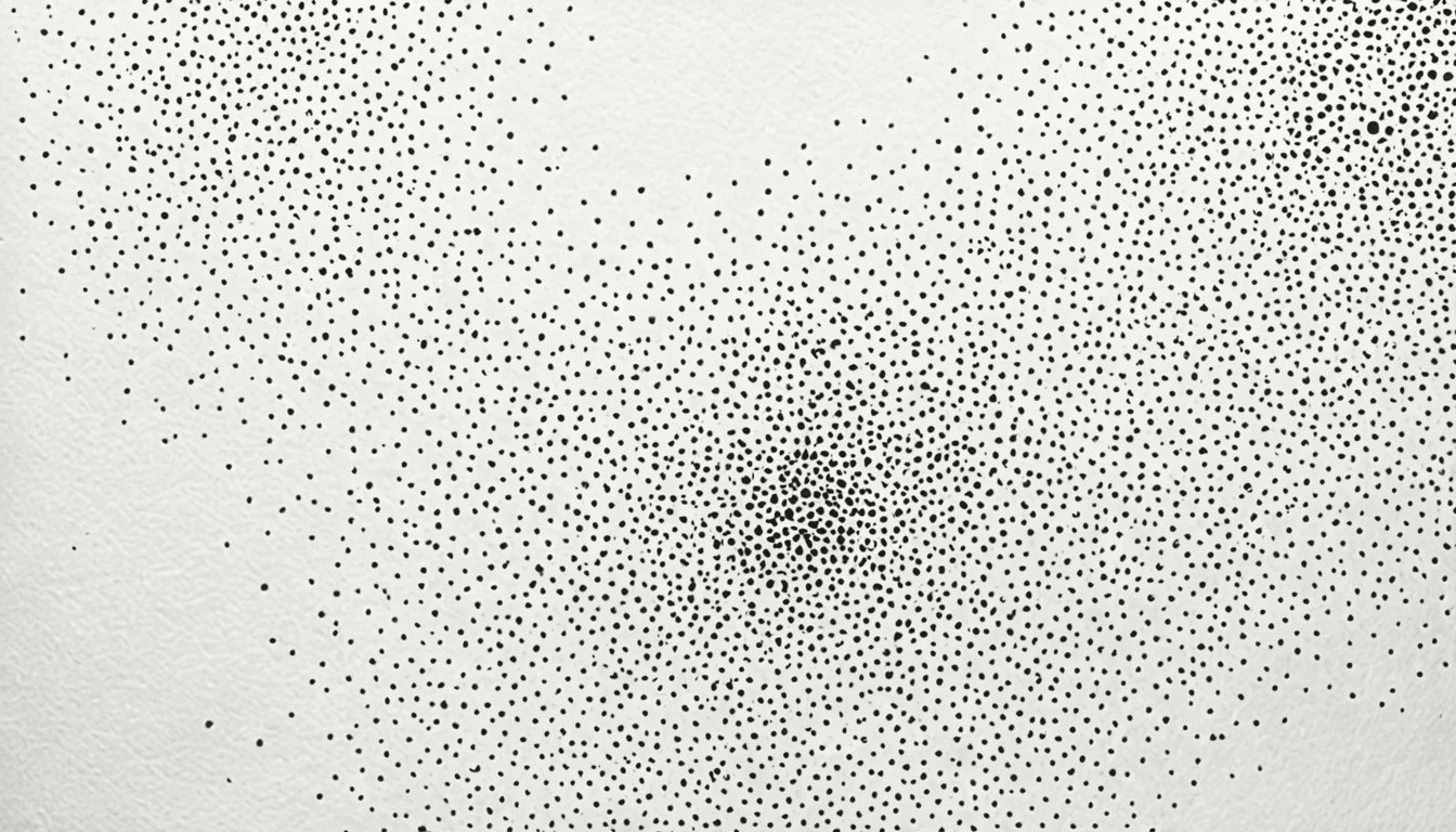 Abstract linework of scattered dots drawing inward and composing toward a dense center, like an image forming from nothing, in the site's ink on cream.