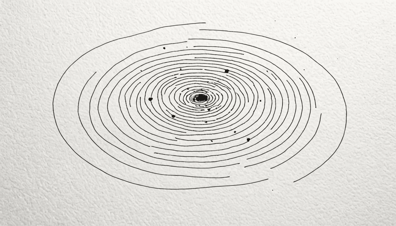 Abstract linework of faint concentric ripples converging on a single still point at center, like a quiet field sensing one presence, in the site's ink on cream.