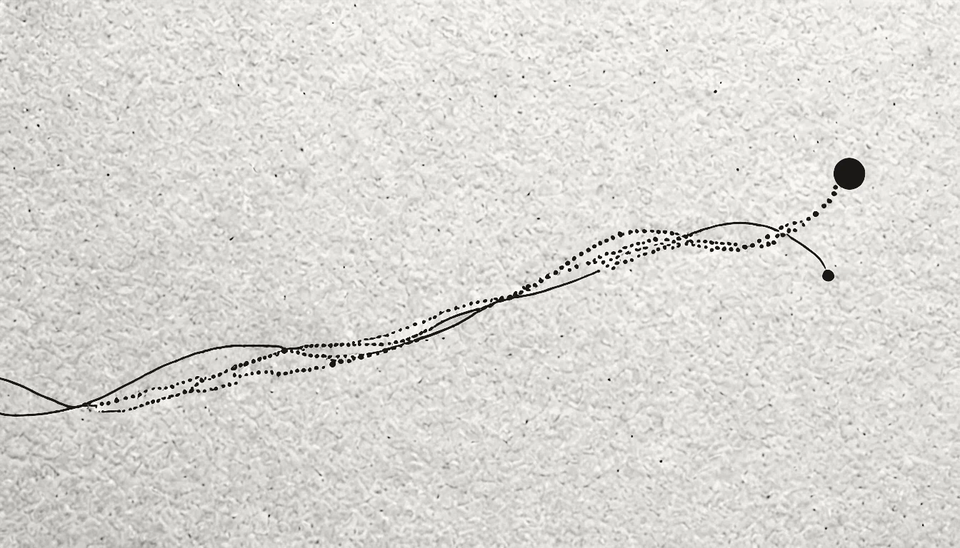 Abstract linework of a dotted trail along a line resolving to a single solid point, like a shared slot briefly occupied then released, in the site's ink on cream.