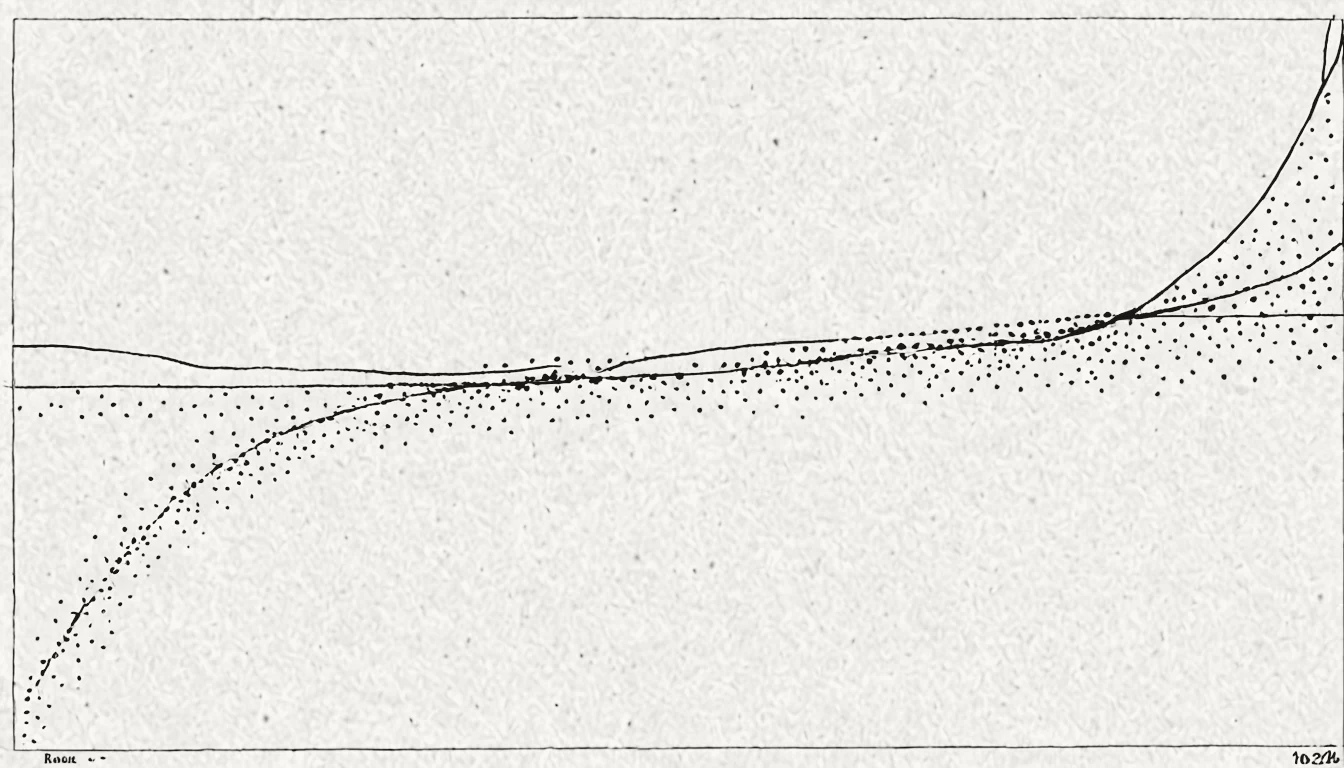 Abstract flat diagram of scattered points and crossing trend-lines resolving toward a single path, in the site's ink on cream.