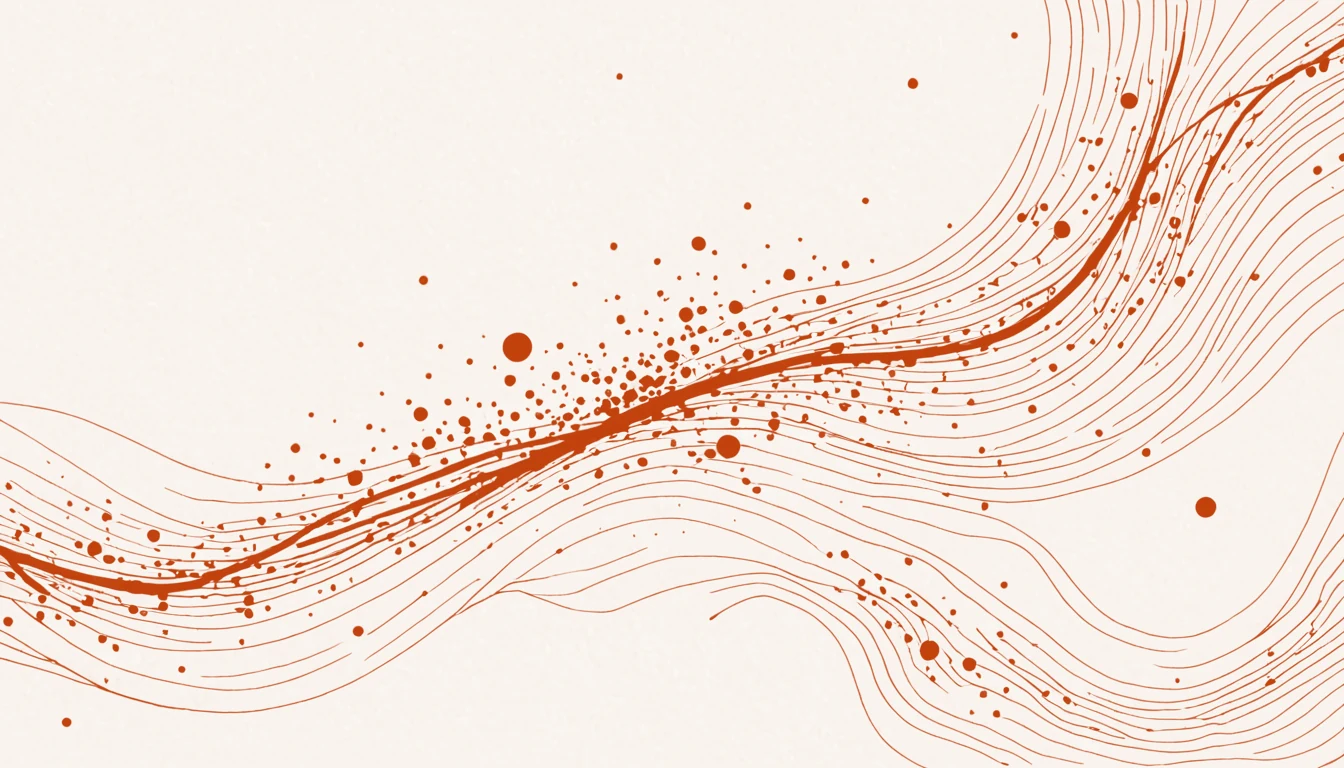Abstract linework of scattered points flowing along guiding curves into ordered streams, in the site's burnt-orange on cream.