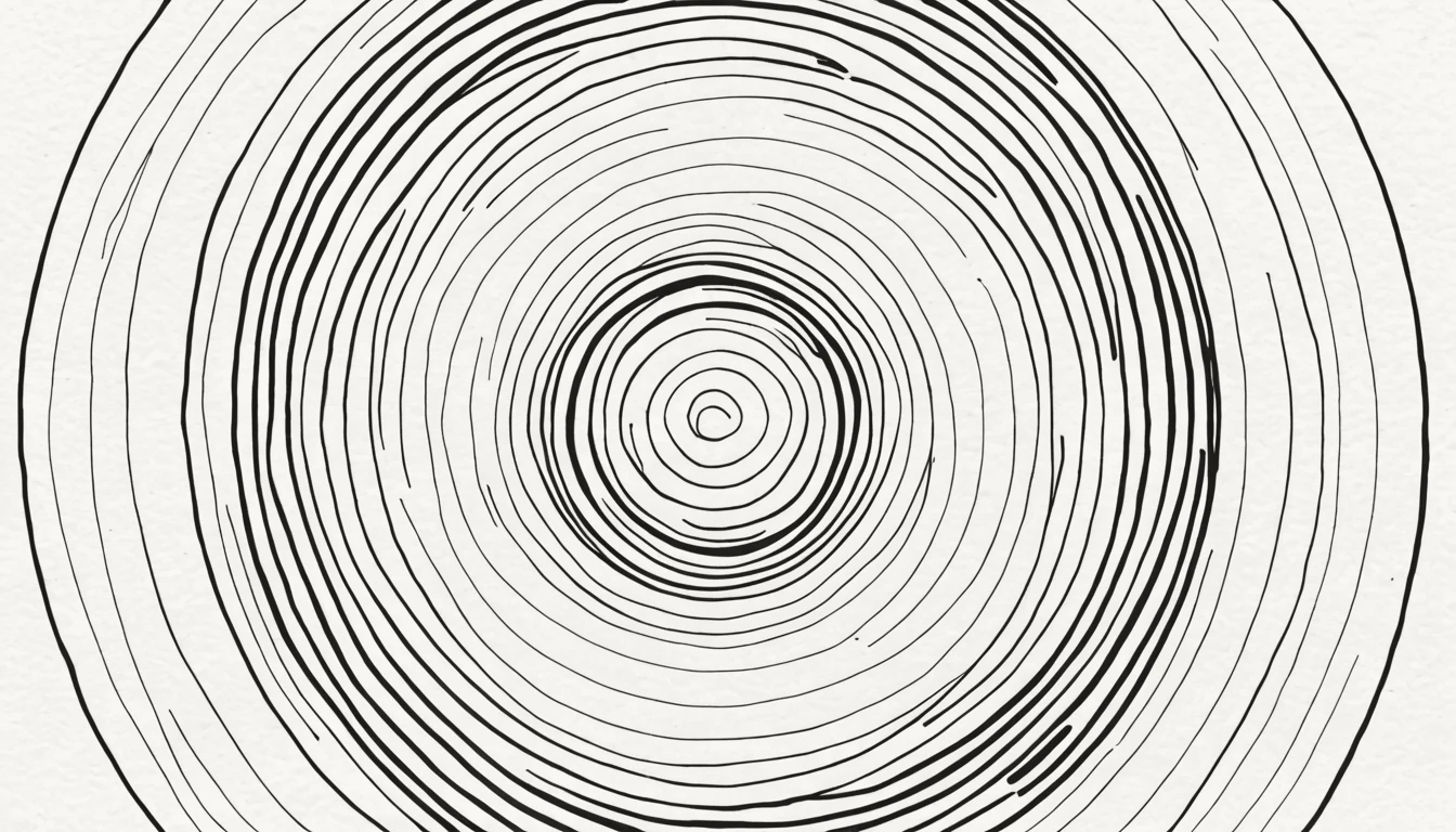 Abstract ink linework of concentric orbital rings around a center, suggesting many processes observed at once, on cream.