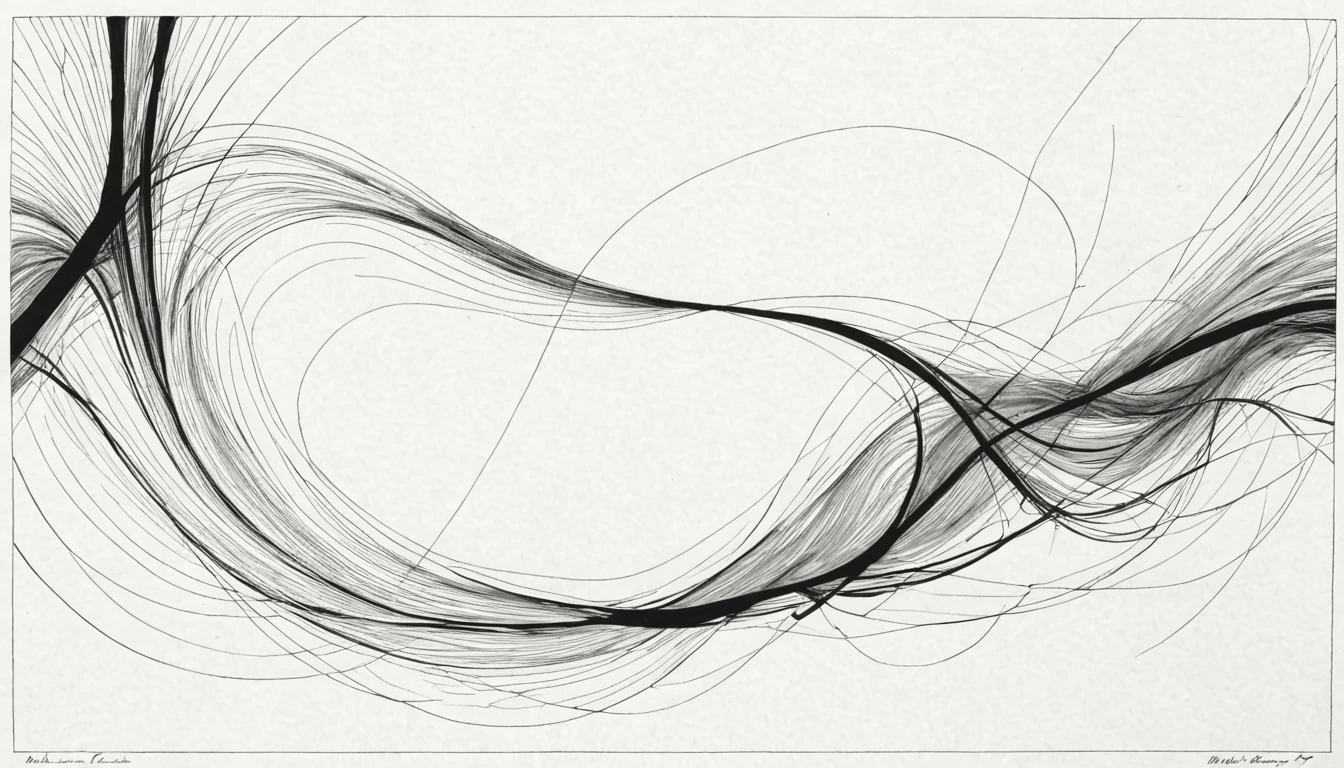 Abstract ink linework of many strands converging and merging into ordered parallel lanes, on cream.