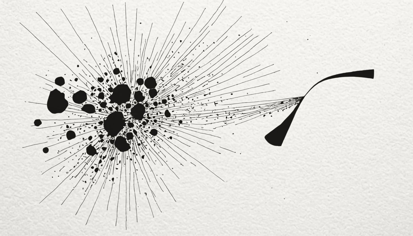 Abstract ink linework of scattered fragments drawn into a single distilled line, suggesting many inputs summarized into one report, on cream.