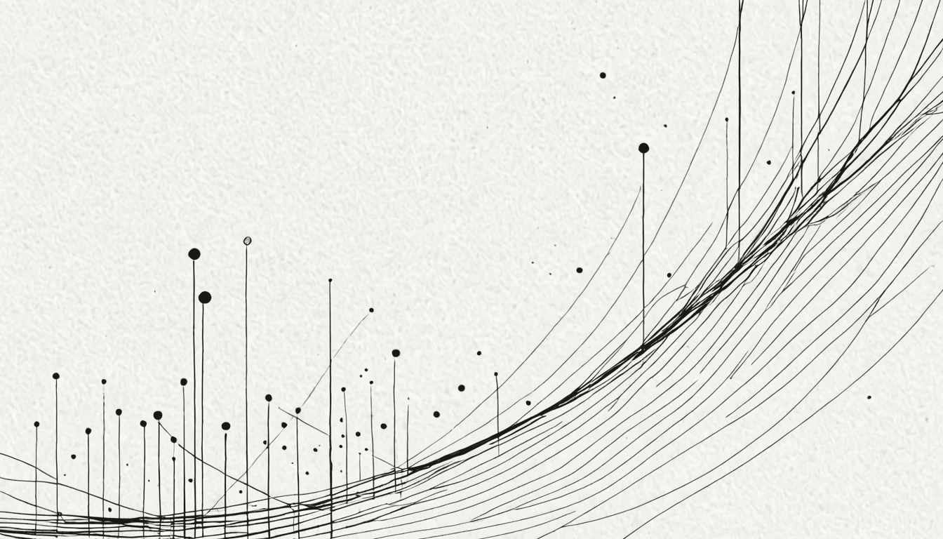Abstract ink linework of a field of nodes channeling through to ordered points, suggesting bounded gated access, on cream.