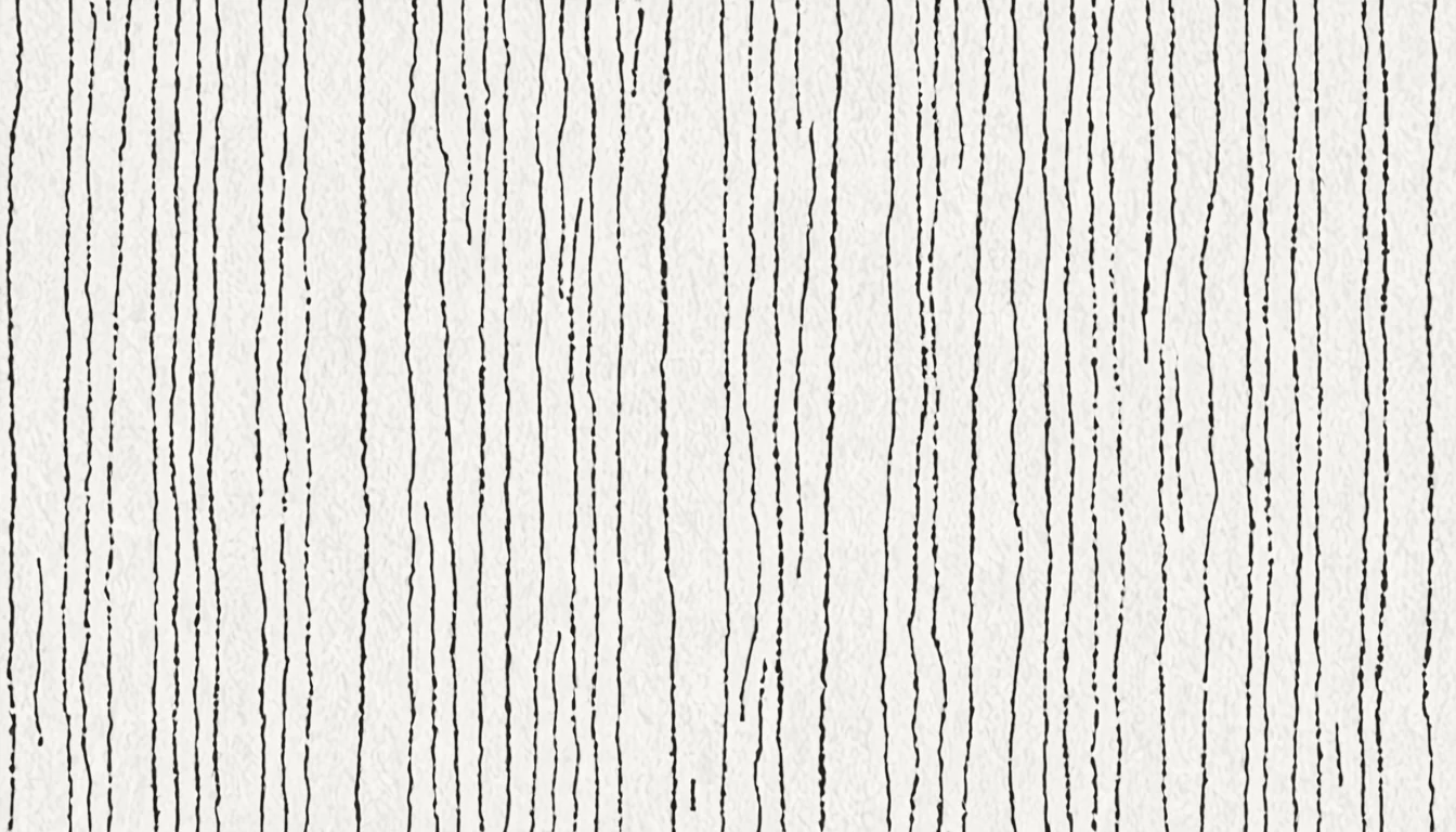 Abstract ink linework of evenly-spaced repeated tally strokes with calibration marks, suggesting measurement and inspection cadence, on cream.