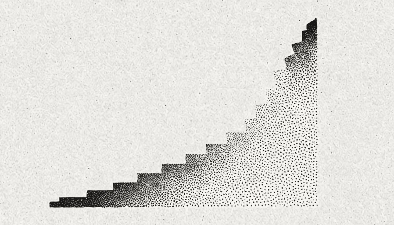 Abstract stipple linework of a staircase climbing left to right, like a steadily incrementing count, in the site's ink on cream.