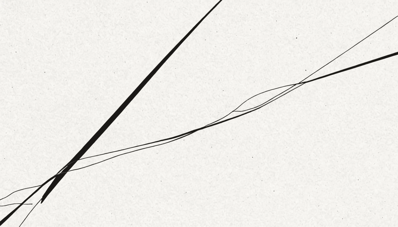 Abstract ink linework of two strands interleaving into a shared central band, suggesting two agents in dialogue, on cream.