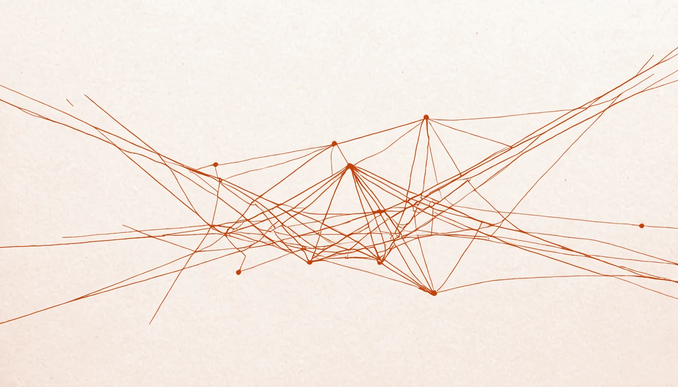 Abstract linework of conversational threads converging into a bounded cluster, rendered in the site's burnt-orange on cream.