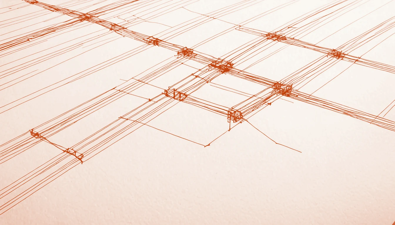 Abstract burnt-orange linework of a connected node grid with signals distributed across many points, on cream.